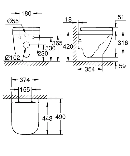 Унитаз подвесной GROHE Euro Ceramic компактный с безободковой чашей, сиденьем с устройством плавного 39693000 Унитаз подвесной GROHE Euro Ceramic компактный с безободковой чашей, сиденьем с устройством плавного 39693000