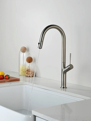 Смеситель для кухни AQUAme Cucina AQM9905BN с выдвижным изливом, с подключением к фильтру с питьевой водой, никель шлифованный Смеситель для кухни AQUAme Cucina AQM9905BN с выдвижным изливом, с подключением к фильтру с питьевой водой, никель шлифованный