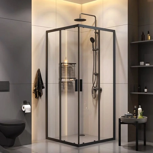Душевой уголок AM.PM Gem 90х90 WK93EP с душевой системой и аксессуарами, профиль черный матовый, стекло прозрачное Душевой уголок AM.PM Gem 90х90 WK93EP с душевой системой и аксессуарами, профиль черный матовый, стекло прозрачное