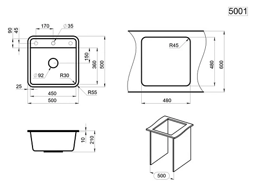 Кухонная мойка Granula 5001, БАЗАЛЬТ, СтандАРТ кварц 500x500 Кухонная мойка Granula 5001, БАЗАЛЬТ, СтандАРТ кварц 500x500
