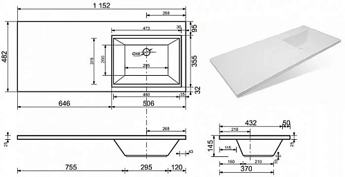 Раковина Эстет Даллас ФР-00001937 правая 1150х480 накладная Раковина Эстет Даллас ФР-00001937 правая 1150х480 накладная