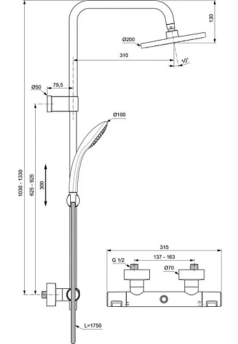 Душевая система Ideal Standard CERATHERM T25 A7546XG с телескопической штангой, термостат Душевая система Ideal Standard CERATHERM T25 A7546XG с телескопической штангой, термостат