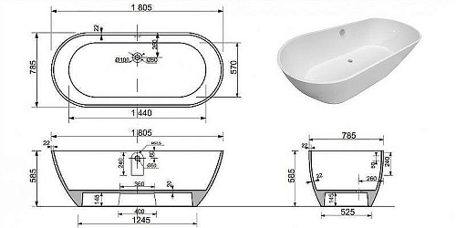Ванна из искусственного камня Эстет Майами 1805х785 ФР-00006013 Ванна из искусственного камня Эстет Майами 1805х785 ФР-00006013