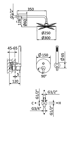 Душевая система CEZARES LEAF-DSIP-30-L-01 встраиваемая, верхним душем 30 см с кронштейном и ручным душем со штуцером, держателем и шлангом, хром Душевая система CEZARES LEAF-DSIP-30-L-01 встраиваемая, верхним душем 30 см с кронштейном и ручным душем со штуцером, держателем и шлангом, хром