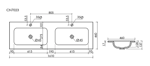 Раковина Ceramica Nova Grace CN7023MBwx мебельная 1610x457x137 с двумя чашами без отверстий под смеситель черный матовый Раковина Ceramica Nova Grace CN7023MBwx мебельная 1610x457x137 с двумя чашами без отверстий под смеситель черный матовый