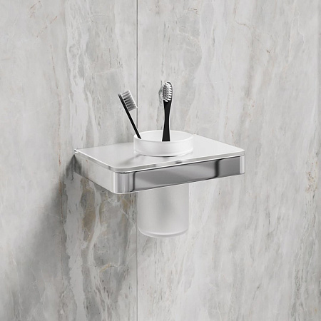 Стакан Lemark GLASS LINE с держателем, хром/белое стекло 9731034