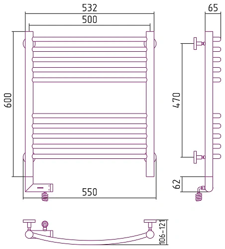 Полотенцесушитель электрический Сунержа Богема 2.0 выгнутая 600х500 МЭМ левый 00-5202-6050 Без покры Полотенцесушитель электрический Сунержа Богема 2.0 выгнутая 600х500 МЭМ левый 00-5202-6050 Без покры