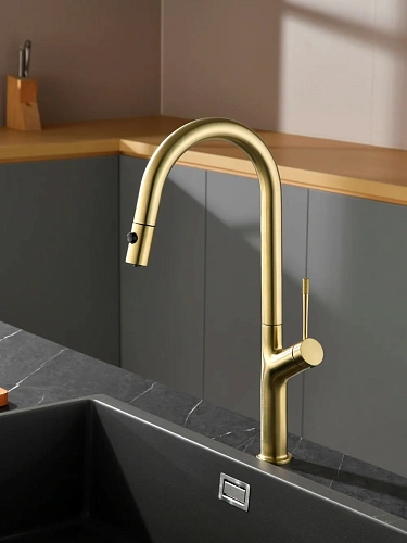 Смеситель для кухни AQUAme Cucina AQM9905BG с выдвижным изливом, с подключением к фильтру с питьевой водой, золото шлифованное Смеситель для кухни AQUAme Cucina AQM9905BG с выдвижным изливом, с подключением к фильтру с питьевой водой, золото шлифованное