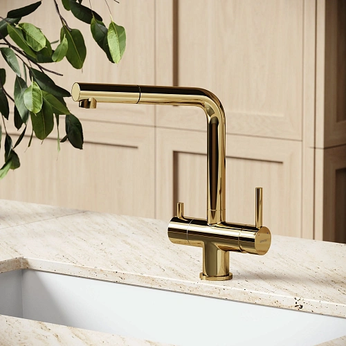 Смеситель для кухни SANCOS Spin SC4015ZG с вытяжным изливом, c краном для фильтрованной воды полированное золото Смеситель для кухни SANCOS Spin SC4015ZG с вытяжным изливом, c краном для фильтрованной воды полированное золото