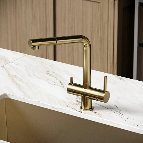 Смеситель для кухни SANCOS Spin SC4015BG с вытяжным изливом, c краном для фильтрованной воды брашированное золото Смеситель для кухни SANCOS Spin SC4015BG с вытяжным изливом, c краном для фильтрованной воды брашированное золото