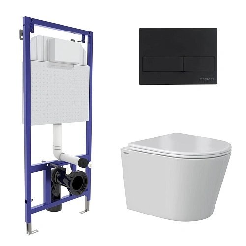 Комплект инсталляции BERGES NOVUM с клавишей смыва L5 Soft Touch черная, унитазом VITA Rimless 49 см и сиденьем микролифт, быстросъём 043372 Комплект инсталляции BERGES NOVUM с клавишей смыва L5 Soft Touch черная, унитазом VITA Rimless 49 см и сиденьем микролифт, быстросъём 043372