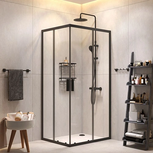 Душевой уголок AM.PM Gem S 100х80 WK93EQ с душевой системой и аксессуарами, профиль черный матовый, стекло прозрачное Душевой уголок AM.PM Gem S 100х80 WK93EQ с душевой системой и аксессуарами, профиль черный матовый, стекло прозрачное