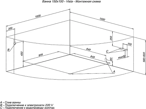 Акриловая ванна Aquanet Vista 150x150 00254381 Акриловая ванна Aquanet Vista 150x150 00254381