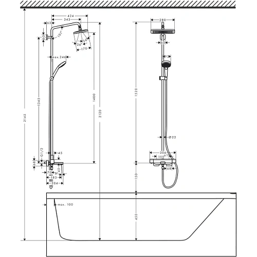 Душевая система hansgrohe Croma E Showerpipe 280 1jet 27687000 Душевая система hansgrohe Croma E Showerpipe 280 1jet 27687000