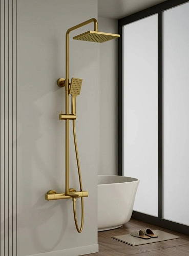 Душевая система Kaiser Cube с термостатом шлифованное золото 01382-3 Душевая система Kaiser Cube с термостатом шлифованное золото 01382-3