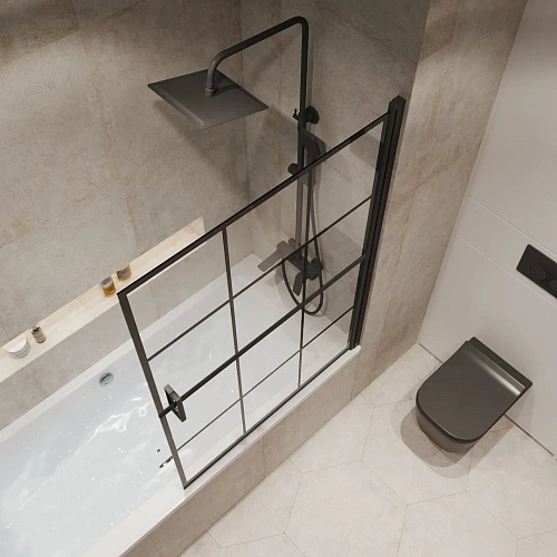 Шторка на ванну Niagara Nova NG-08-90BLACK (90x140) черный матовый, стекло прозрачное с рисунком клетка Шторка на ванну Niagara Nova NG-08-90BLACK (90x140) черный матовый, стекло прозрачное с рисунком клетка