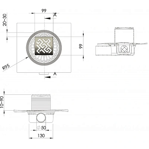 Душевой трап BERGES ZENTRUM Antik 100х100, матовый хром, выпуск D50 H65 боковой 090364 Душевой трап BERGES ZENTRUM Antik 100х100, матовый хром, выпуск D50 H65 боковой 090364