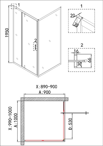Душевой уголок Niagara Nova NG-43-10AG-A90G (100x90x195) прямоугольная, дверь распашная Душевой уголок Niagara Nova NG-43-10AG-A90G (100x90x195) прямоугольная, дверь распашная