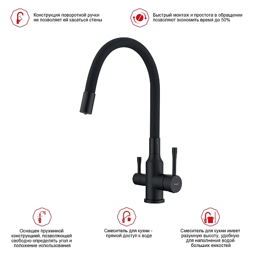 Смеситель для кухни Raglo R81.64.06 с гибким изливом с подключением к фильтру, черный Смеситель для кухни Raglo R81.64.06 с гибким изливом с подключением к фильтру, черный