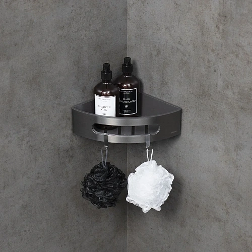 Полка Lemark SHELF LINE угловая с крючками, графит/вставка-пластик графит 9776048 Полка Lemark SHELF LINE угловая с крючками, графит/вставка-пластик графит 9776048