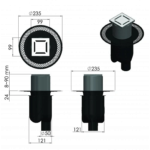 Душевой трап BERGES PLATZ Norma 100х100, золото глянец, S-сифон D50/105 H50 вертикальный 092058 Душевой трап BERGES PLATZ Norma 100х100, золото глянец, S-сифон D50/105 H50 вертикальный 092058