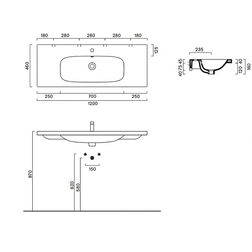 Раковина Catalano Alvea 0621210001 120x46 подвесная/мебельная, белый глянцевый Раковина Catalano Alvea 0621210001 120x46 подвесная/мебельная, белый глянцевый
