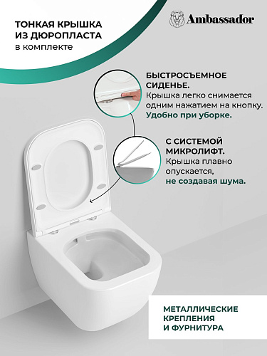 Унитаз подвесной Ambassador Forsa 243K19002RS (510x360x350) безободковый с сиденьем Унитаз подвесной Ambassador Forsa 243K19002RS (510x360x350) безободковый с сиденьем
