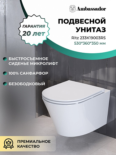Унитаз подвесной Ambassador Ritz 233K19003RS (530x360x350) безободковый с сиденьем Унитаз подвесной Ambassador Ritz 233K19003RS (530x360x350) безободковый с сиденьем