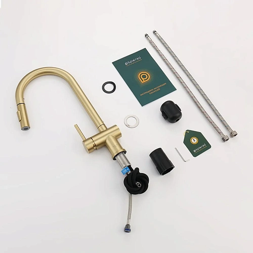 Смеситель для кухни Splenka S204.49.03 с выдвижным изливом, золотой сатин Смеситель для кухни Splenka S204.49.03 с выдвижным изливом, золотой сатин