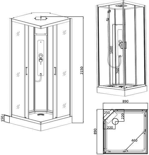 Душевая кабина Parly AMI Quadro 900x900 профиль черный, стекло прозрачное Душевая кабина Parly AMI Quadro 900x900 профиль черный, стекло прозрачное