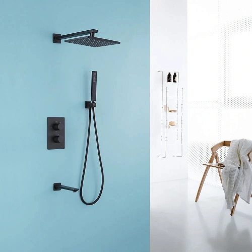 Душевая система ABBER Weiss Insel AF8050B скрытого монтажа с изливом, термостат, черная матовая Душевая система ABBER Weiss Insel AF8050B скрытого монтажа с изливом, термостат, черная матовая