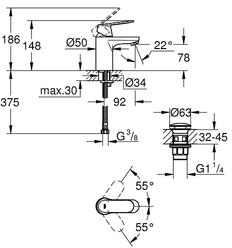 Смеситель для раковины DN 15 GROHE Eurosmart Cosmopolitan однорычажный, хром (23925000) Смеситель для раковины DN 15 GROHE Eurosmart Cosmopolitan однорычажный, хром (23925000)