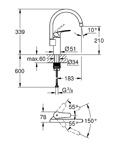 Смеситель для кухни GROHE Eurosmart (33202003) хром Смеситель для кухни GROHE Eurosmart (33202003) хром