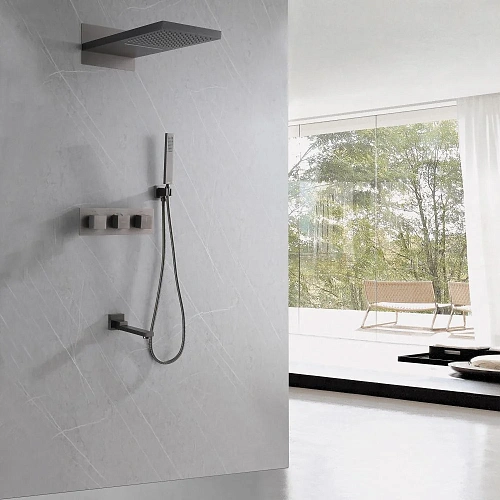 Душевая система ABBER Daheim AF8253NG скрытого монтажа с изливом, термостат, никель Душевая система ABBER Daheim AF8253NG скрытого монтажа с изливом, термостат, никель