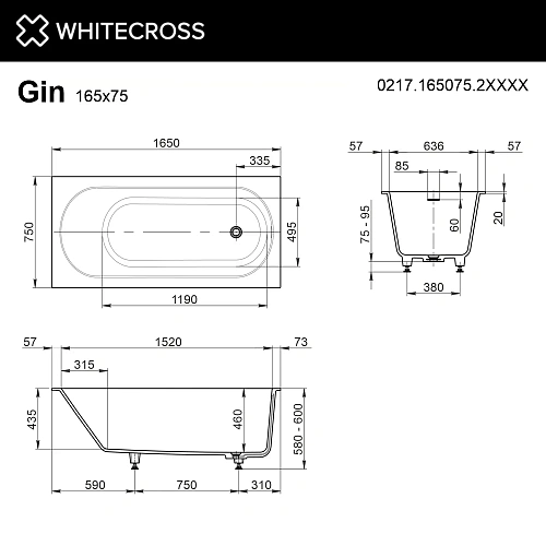 Ванна из искусственного камня WHITECROSS Gin 165x75 RAL матовый Ванна из искусственного камня WHITECROSS Gin 165x75 RAL матовый