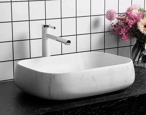 Раковина Ceruttispa CR0086 MMW1 565х400х145 накладная, мрамор матовый белый, прямоугольная Раковина Ceruttispa CR0086 MMW1 565х400х145 накладная, мрамор матовый белый, прямоугольная