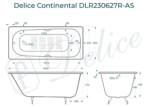 Ванна чугунная Delice Continental 180х80 с отверстиями под ручки и антискользящим покрытием DLR230627R-AS Ванна чугунная Delice Continental 180х80 с отверстиями под ручки и антискользящим покрытием DLR230627R-AS