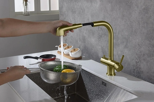 Смеситель для кухни Timo Saona 2346/17FL с подключением фильтра и выдвижной лейкой золото матовое Смеситель для кухни Timo Saona 2346/17FL с подключением фильтра и выдвижной лейкой золото матовое