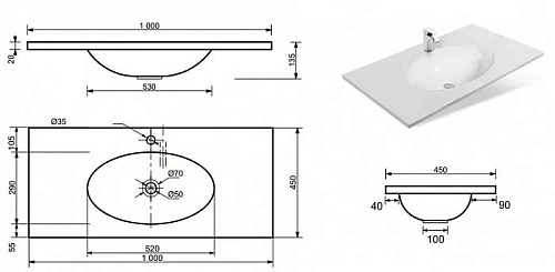 Раковина Эстет Вегас 100 ФР-00000994 1000х450 накладная Раковина Эстет Вегас 100 ФР-00000994 1000х450 накладная