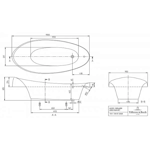 Ванна квариловая Villeroy & Boch Aveo 190 x 90 см UBQ194AVE7V-01 Ванна квариловая Villeroy & Boch Aveo 190 x 90 см UBQ194AVE7V-01