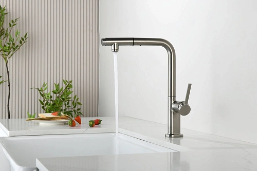 Смеситель для кухни AQUAme Cucina AQM9903BN с выдвижным изливом, с подключением к фильтру с питьевой водой, никель шлифованный Смеситель для кухни AQUAme Cucina AQM9903BN с выдвижным изливом, с подключением к фильтру с питьевой водой, никель шлифованный