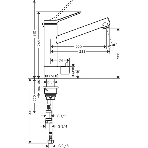 Смеситель для кухни Hansgrohe Zesis M33 200, с поворотным изливом, с запорным вентилем 74807000, хро Смеситель для кухни Hansgrohe Zesis M33 200, с поворотным изливом, с запорным вентилем 74807000, хро