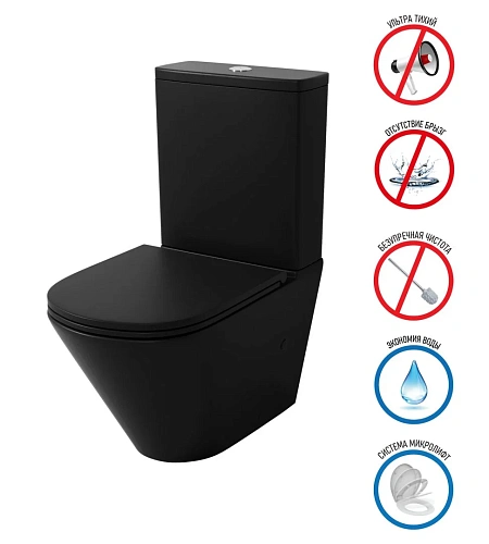 Унитаз напольный GROSSMAN GR-4449BMSQ 670x380x850 черный матовый безободковый с тонкой крышкой Унитаз напольный GROSSMAN GR-4449BMSQ 670x380x850 черный матовый безободковый с тонкой крышкой