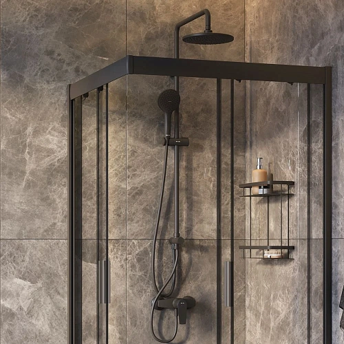 Душевой уголок AM.PM Gem 90x90 WK90EO с душевой системой и аксессуарами, профиль черный матовый, стекло прозрачное Душевой уголок AM.PM Gem 90x90 WK90EO с душевой системой и аксессуарами, профиль черный матовый, стекло прозрачное