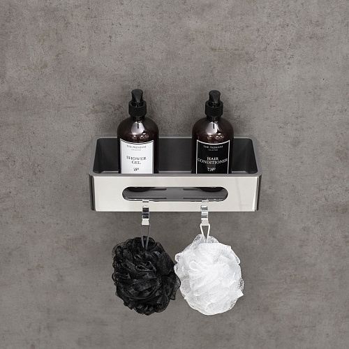 Полка Lemark SHELF LINE с крючками, хром/вставка-пластик графит 9771043 Полка Lemark SHELF LINE с крючками, хром/вставка-пластик графит 9771043