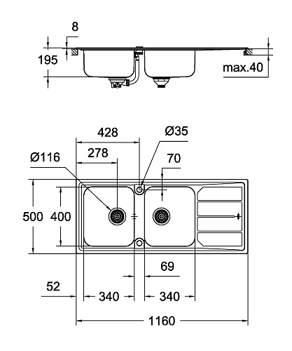 Кухонная мойка Grohe K500 из нержавеющей стали с корзинчатым вентилем, 31588SD0, левая/правая Кухонная мойка Grohe K500 из нержавеющей стали с корзинчатым вентилем, 31588SD0, левая/правая