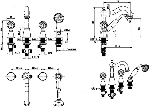 Смеситель на борт ванны Boheme Brillante 393 Смеситель на борт ванны Boheme Brillante 393