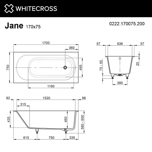 Ванна из искусственного камня WHITECROSS Jane 170x75 0222.170075.200 Solid Surface белый матовый Ванна из искусственного камня WHITECROSS Jane 170x75 0222.170075.200 Solid Surface белый матовый