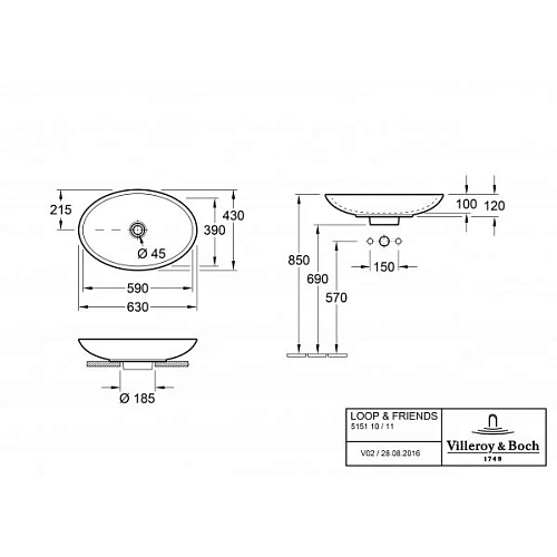 Раковина Villeroy & Boch Loop & Friends 515111R1 (5151 11 R1) на столешницу Раковина Villeroy & Boch Loop & Friends 515111R1 (5151 11 R1) на столешницу