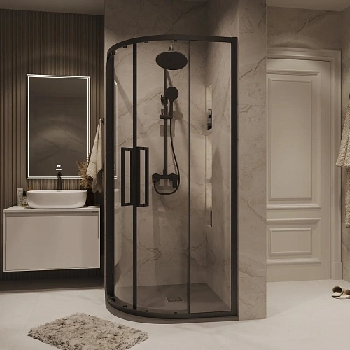 Душевой уголок GROSSMAN Cosmo 301.K33.02.9090.21.00 (90x90x195) полукруг,раздвижн,черн.матов,стекло прозрачн Душевой уголок GROSSMAN Cosmo 301.K33.02.9090.21.00 (90x90x195) полукруг,раздвижн,черн.матов,стекло прозрачн